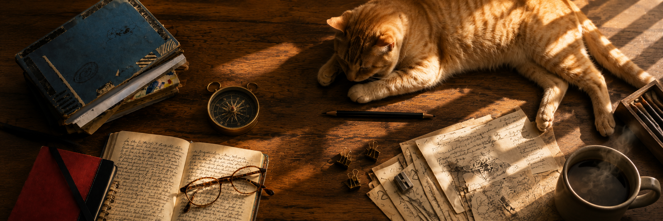 Mesa de trabajo con cuadernos, mapas, cámara, brújula y un gato descansando