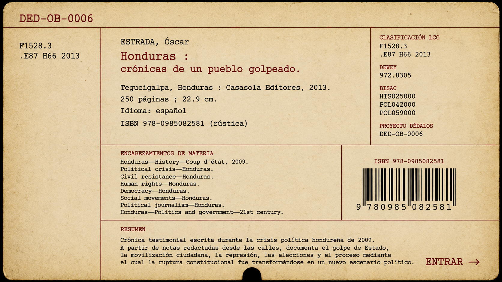 Ficha bibliográfica de Honduras: crónicas de un pueblo golpeado